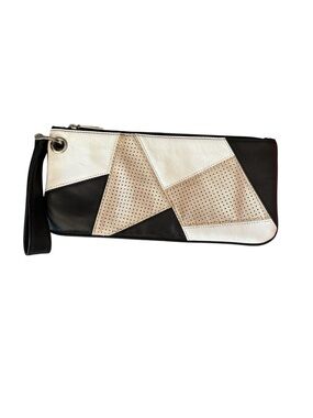 Hobo International Patchwork Leather Clutch Wristlet Black Tan Cream Geometric